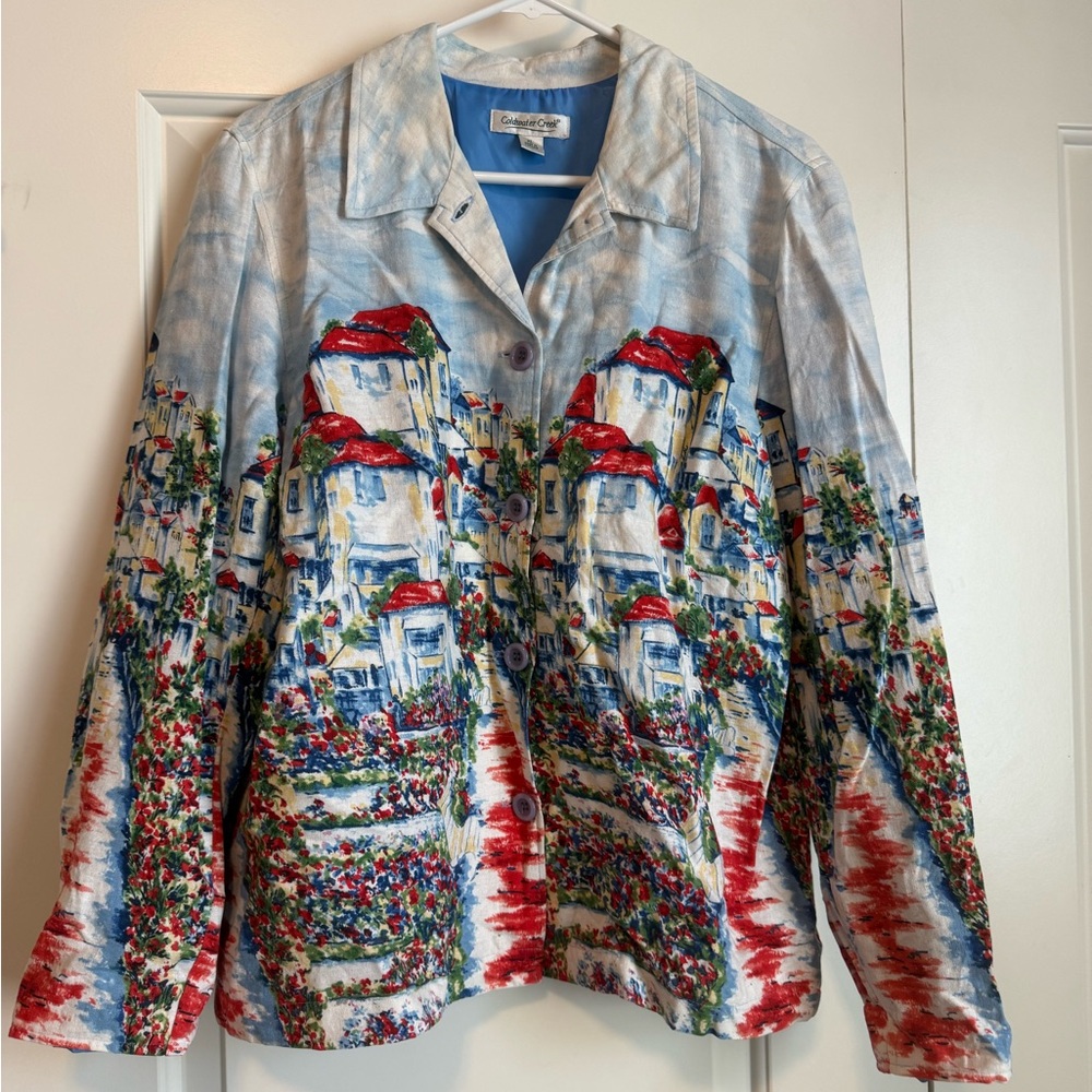 Coldwater Creek Blue and Red Jean Jacket with Festive Design